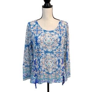 Curations Lace-Up Tie Dye Floral Long Sleeve Top Size Medium Boho Chic Sweater
